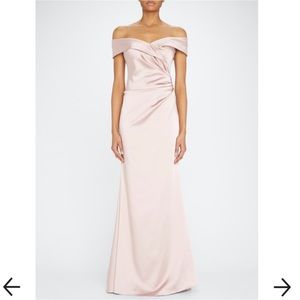 RICKIE FREEMAN FOR TERI JON Off-Shoulder Draped Stretch Satin Gown in Blush